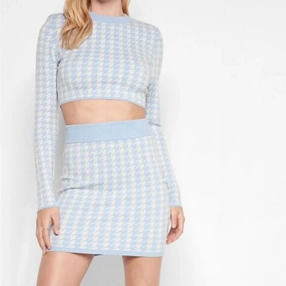 Express Houndstooth Strong Shoulder Pad Cropped Sweater Mini Skirt Set Plaid - Picture 3 of 8